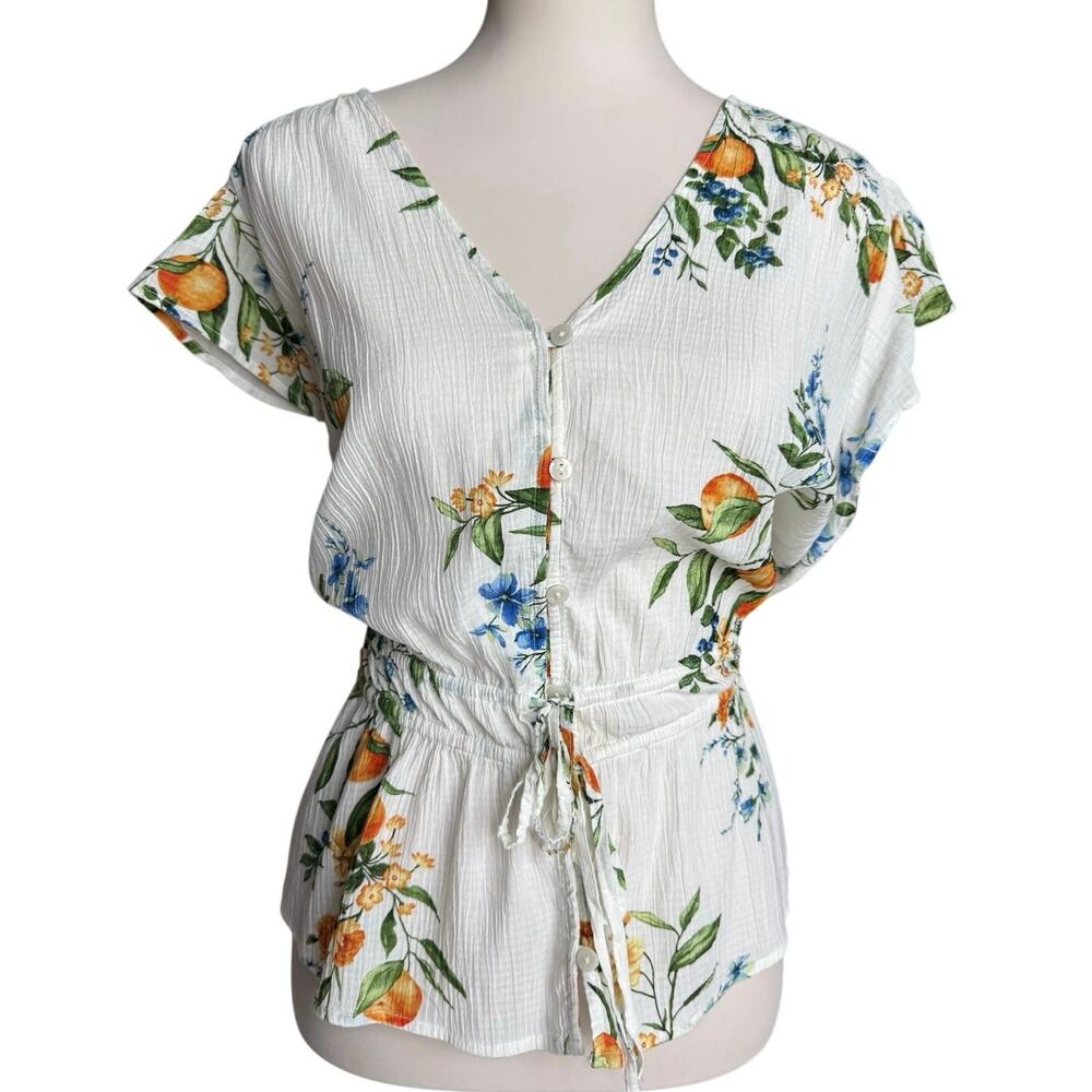 Time and Tru Citrus Floral Peplum Blouse White Blue Flowers Oranges Large